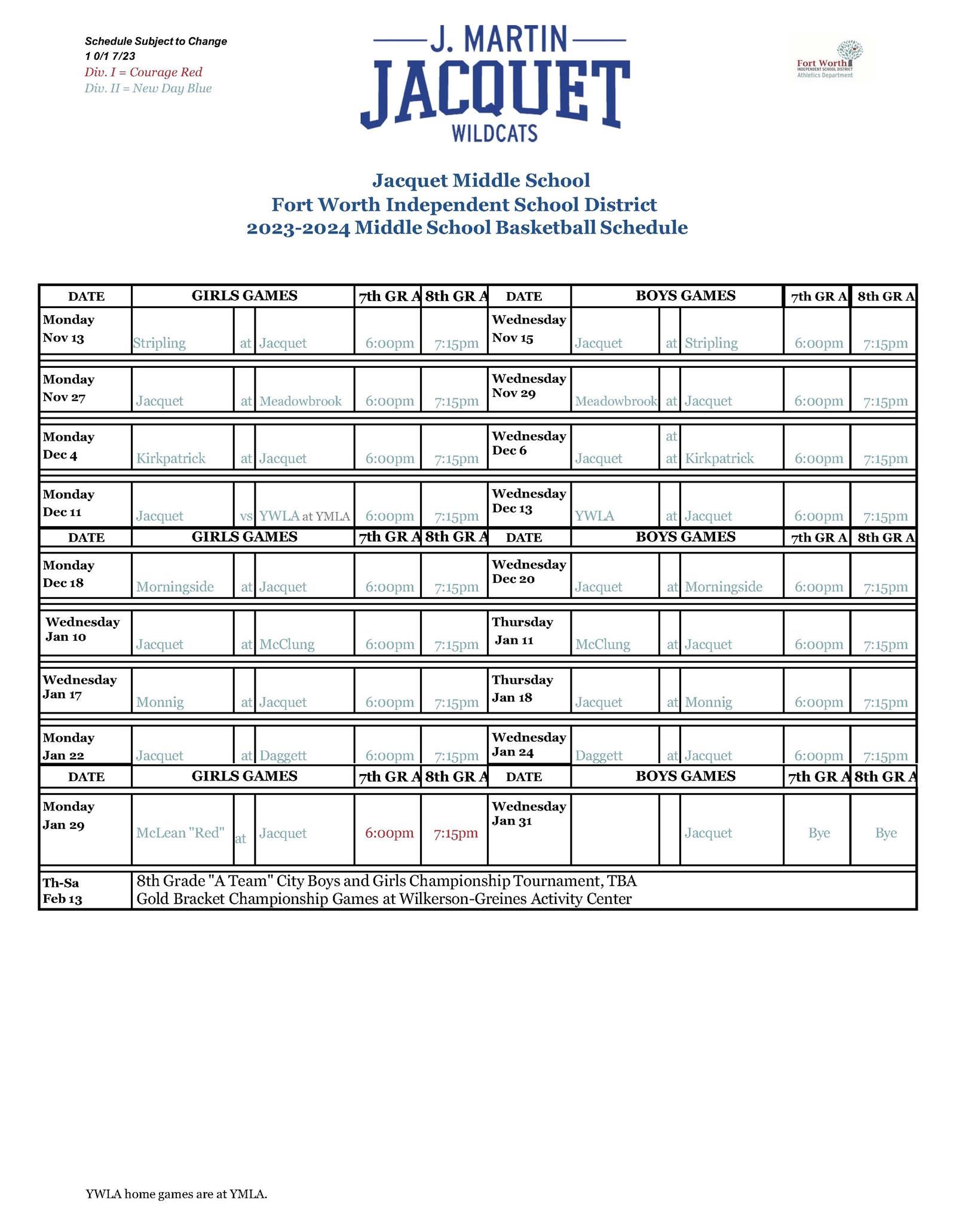 Jacquet Basketball Schedule 2023